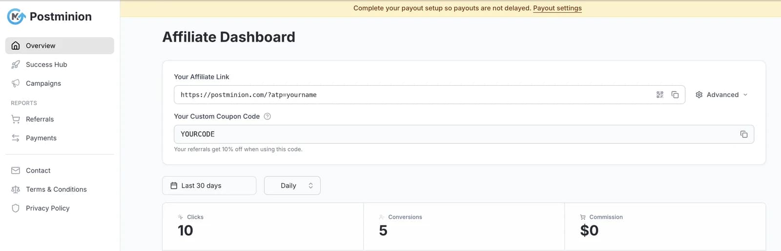 The partner dashboard: your affiliate link and coupon code at the top, then clicks, conversions and commission