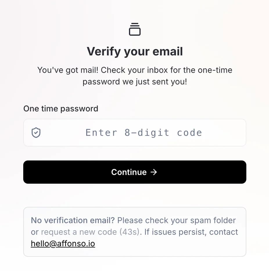 The partner dashboard sign-in screen, asking for the 8-digit code sent to your email